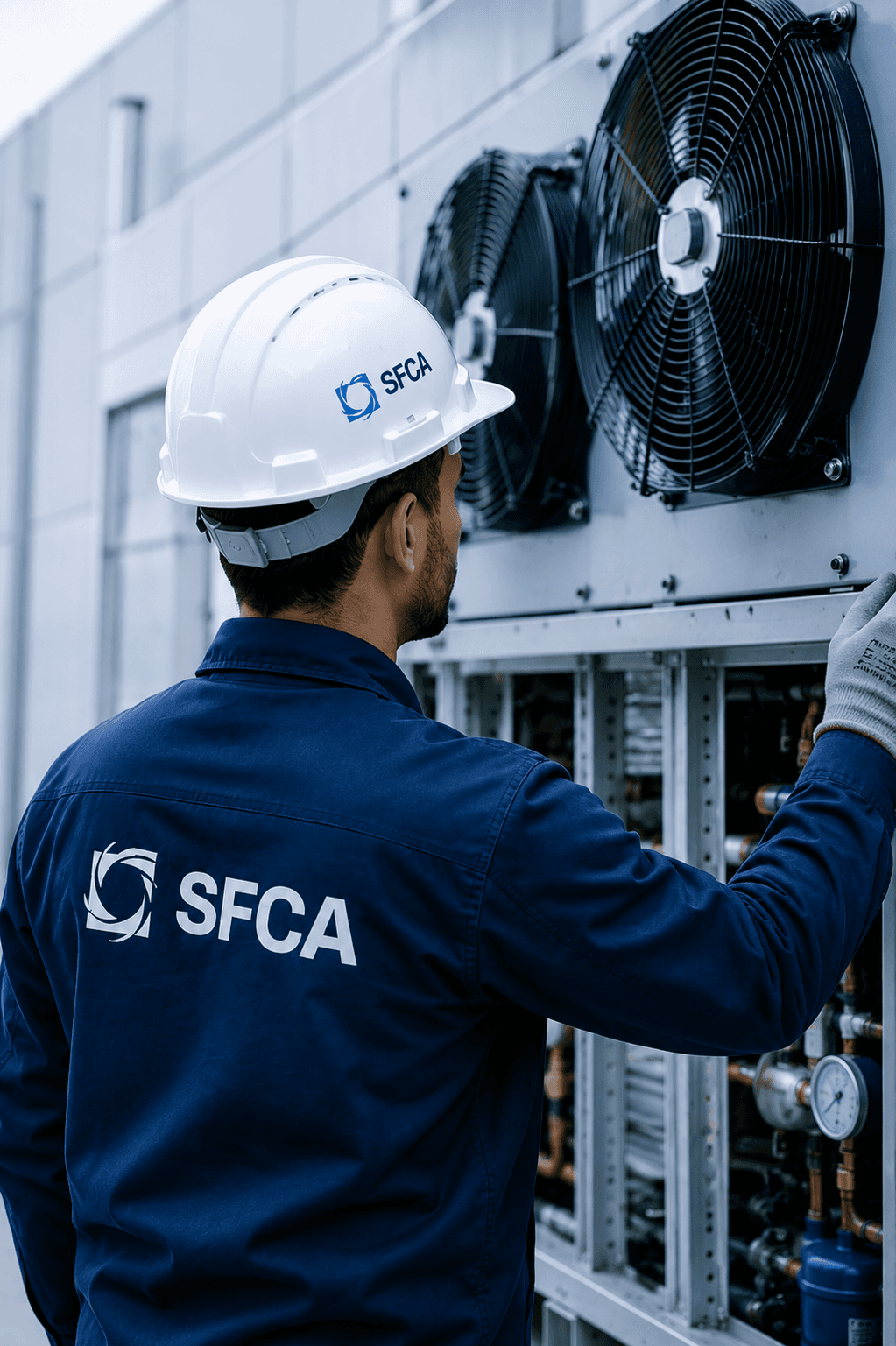 Technicien EURL SFCA près d'un groupe de climatisation industriel sur un toit à Alger